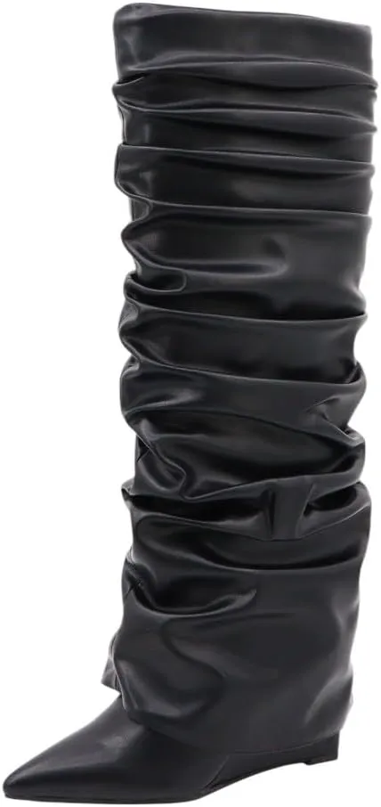 Women's Fold Over Wedge Heel Boots Slouchy Knee High Boots