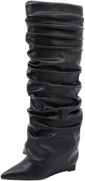 Women's Fold Over Wedge Heel Boots Slouchy Knee High Boots