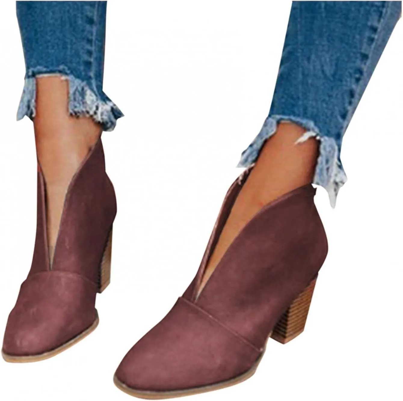 Women’s Front Deep V Cut Out Ankle Boots Slip on Lightweight Comfort Non-slip Middle Chunky Heel Booties for Women Casual Footwear