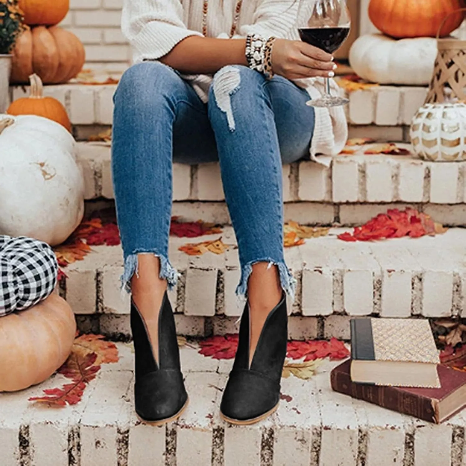 Women’s Front Deep V Cut Out Ankle Boots Slip on Lightweight Comfort Non-slip Middle Chunky Heel Booties for Women Casual Footwear