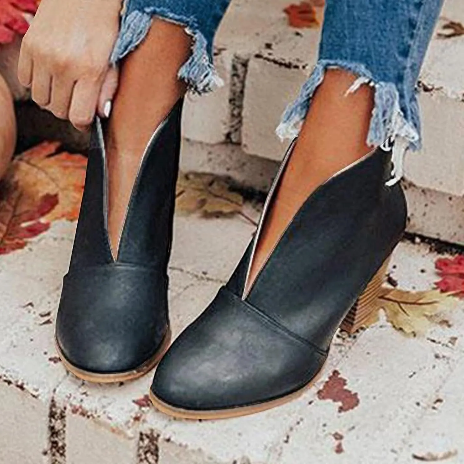Women’s Front Deep V Cut Out Ankle Boots Slip on Lightweight Comfort Non-slip Middle Chunky Heel Booties for Women Casual Footwear