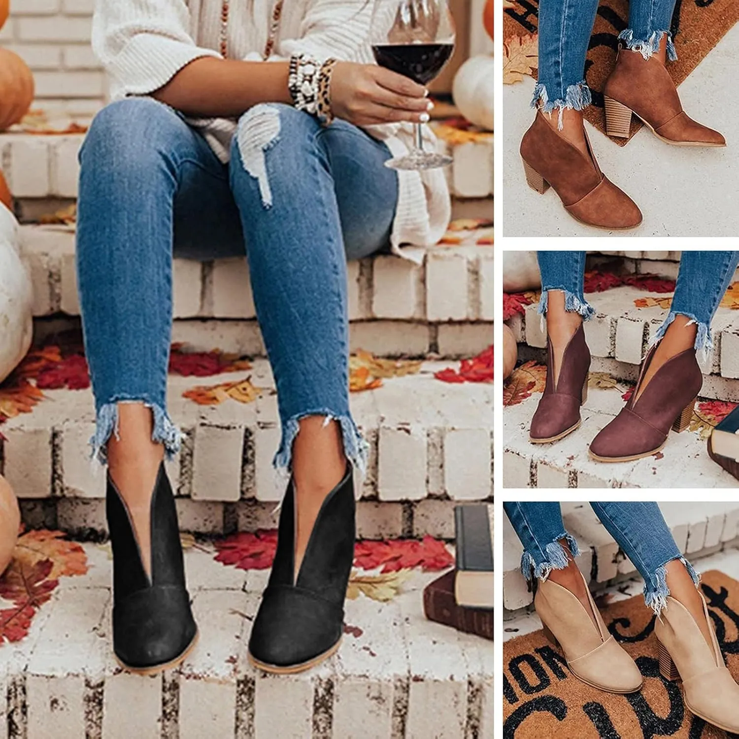 Women’s Front Deep V Cut Out Ankle Boots Slip on Lightweight Comfort Non-slip Middle Chunky Heel Booties for Women Casual Footwear