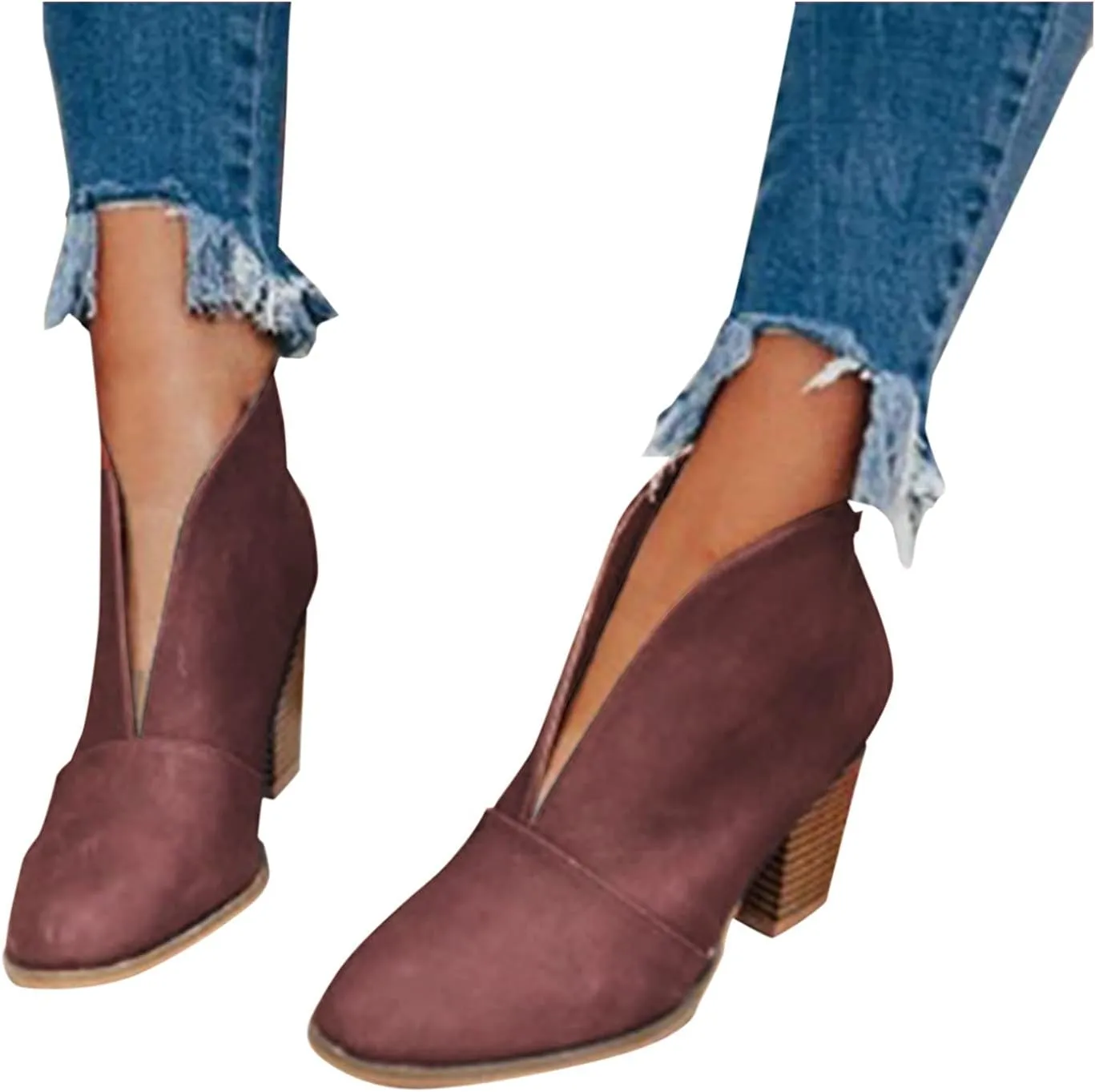 Women’s Front Deep V Cut Out Ankle Boots Slip on Lightweight Comfort Non-slip Middle Chunky Heel Booties for Women Casual Footwear