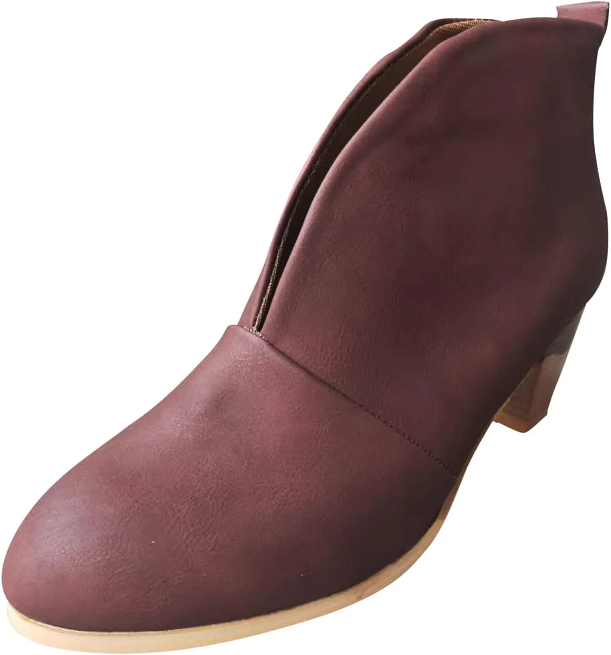 Women’s Front Deep V Cut Out Ankle Boots Slip on Lightweight Comfort Non-slip Middle Chunky Heel Booties for Women Casual Footwear