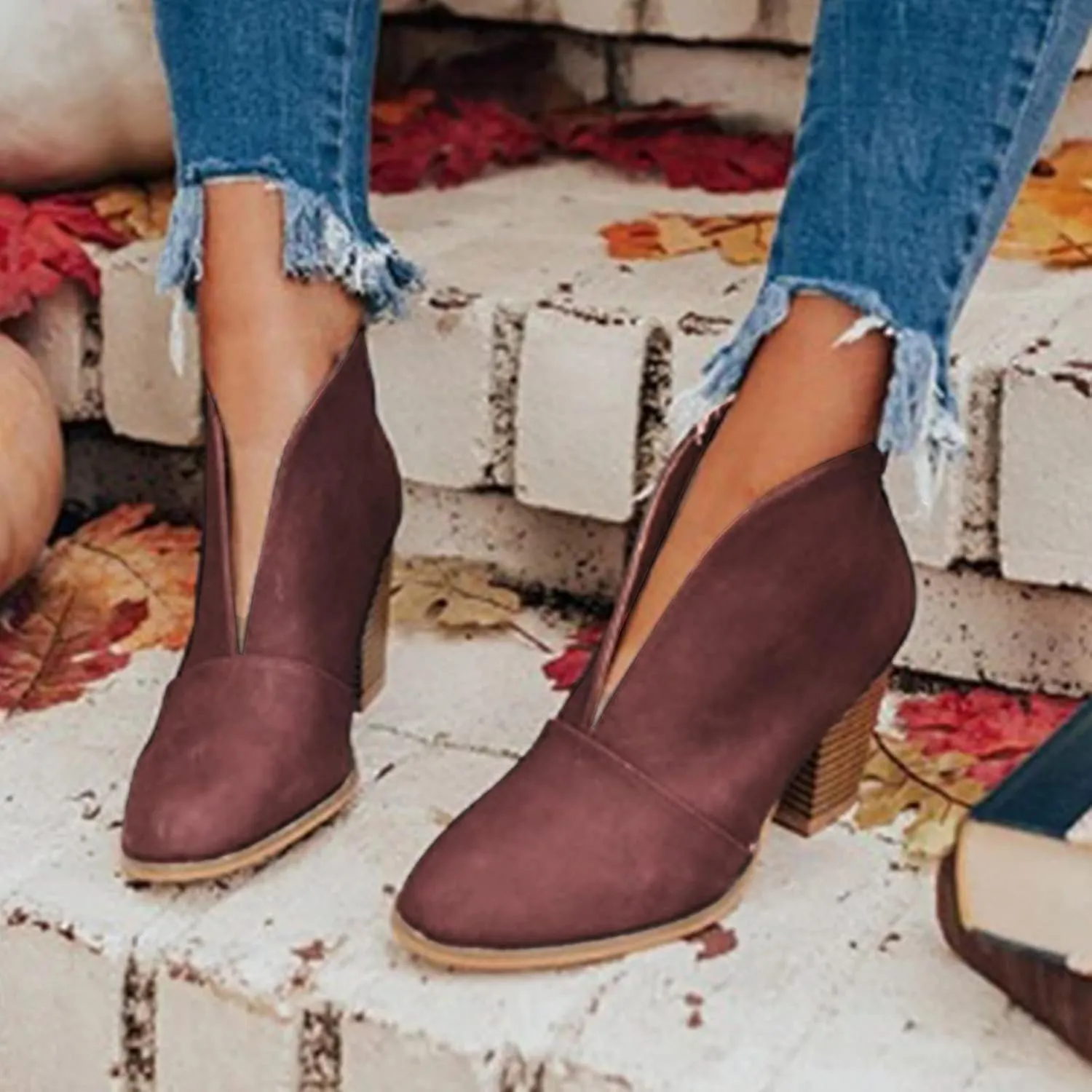 Women’s Front Deep V Cut Out Ankle Boots Slip on Lightweight Comfort Non-slip Middle Chunky Heel Booties for Women Casual Footwear