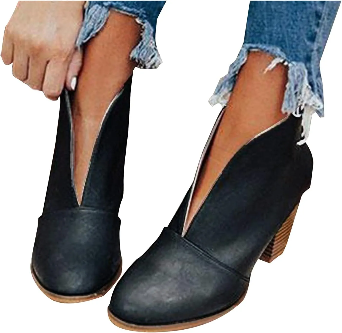 Women’s Front Deep V Cut Out Ankle Boots Slip on Lightweight Comfort Non-slip Middle Chunky Heel Booties for Women Casual Footwear