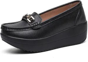Women's Genuine Leather Wedge Heel Rocker Loafers Comfort Non Slip Platform Slip On Walking Shoes Casual Shopping Daily Mom Shoes