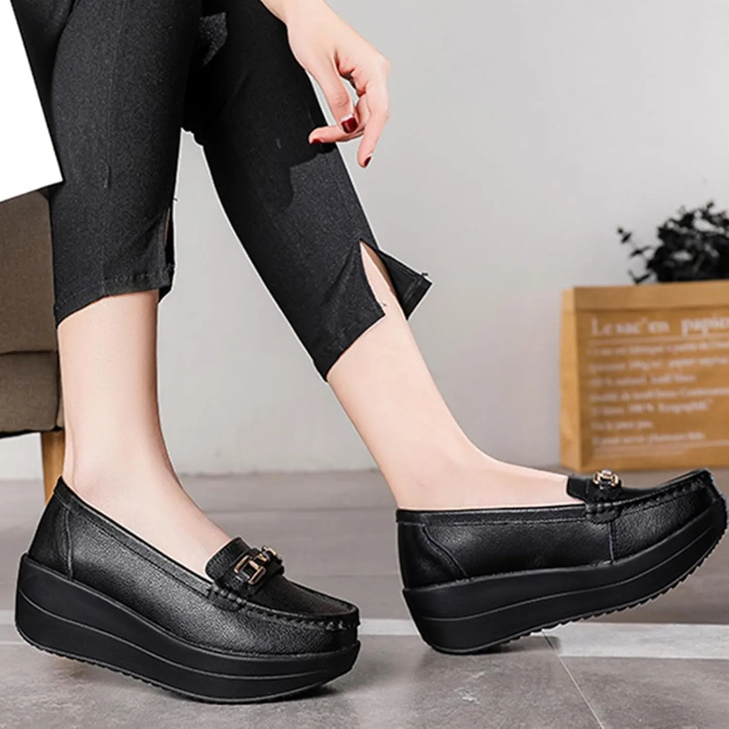 Women's Genuine Leather Wedge Heel Rocker Loafers Comfort Non Slip Platform Slip On Walking Shoes Casual Shopping Daily Mom Shoes