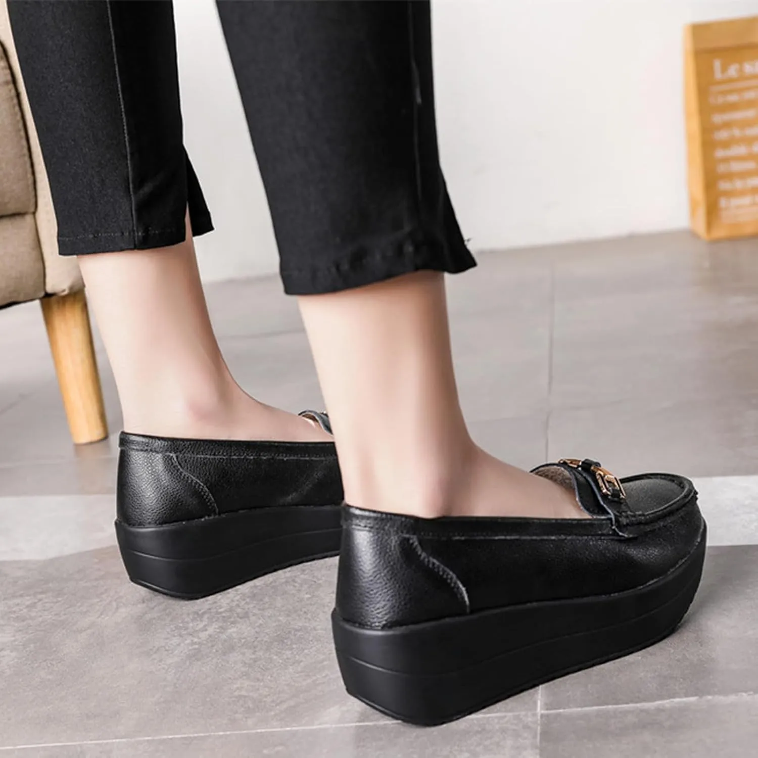 Women's Genuine Leather Wedge Heel Rocker Loafers Comfort Non Slip Platform Slip On Walking Shoes Casual Shopping Daily Mom Shoes