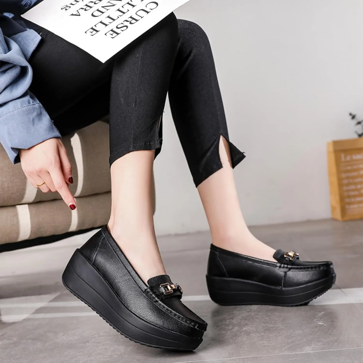 Women's Genuine Leather Wedge Heel Rocker Loafers Comfort Non Slip Platform Slip On Walking Shoes Casual Shopping Daily Mom Shoes