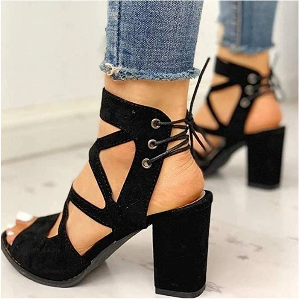Womens Gladiator Sandals Strappy Lace Up Hollow Out Chunky High Heels Sandals Summer Evening Dress High Heel Sandal Shoes