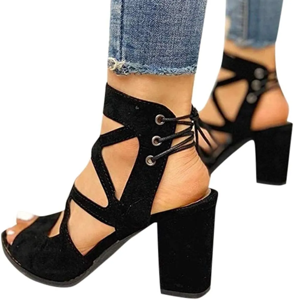 Womens Gladiator Sandals Strappy Lace Up Hollow Out Chunky High Heels Sandals Summer Evening Dress High Heel Sandal Shoes