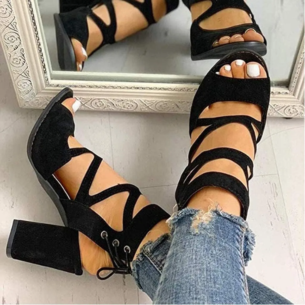 Womens Gladiator Sandals Strappy Lace Up Hollow Out Chunky High Heels Sandals Summer Evening Dress High Heel Sandal Shoes