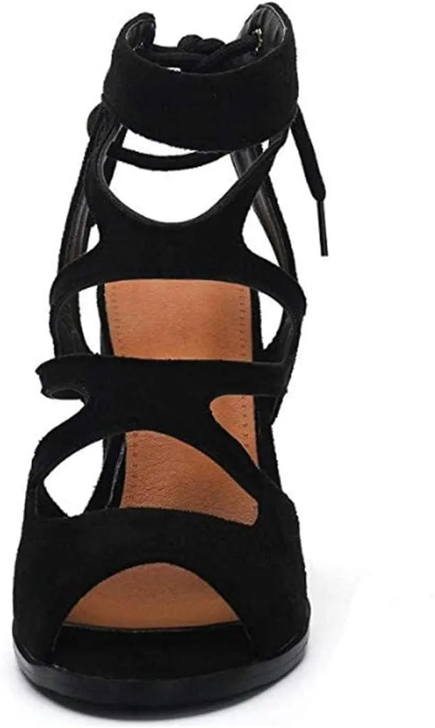 Womens Gladiator Sandals Strappy Lace Up Hollow Out Chunky High Heels Sandals Summer Evening Dress High Heel Sandal Shoes