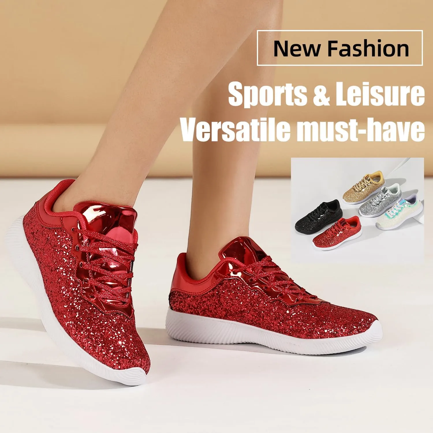 Women's Glitter Sneakers Shoes Lightweight Tennis Shoes Metallic Sequin Walking Shoes