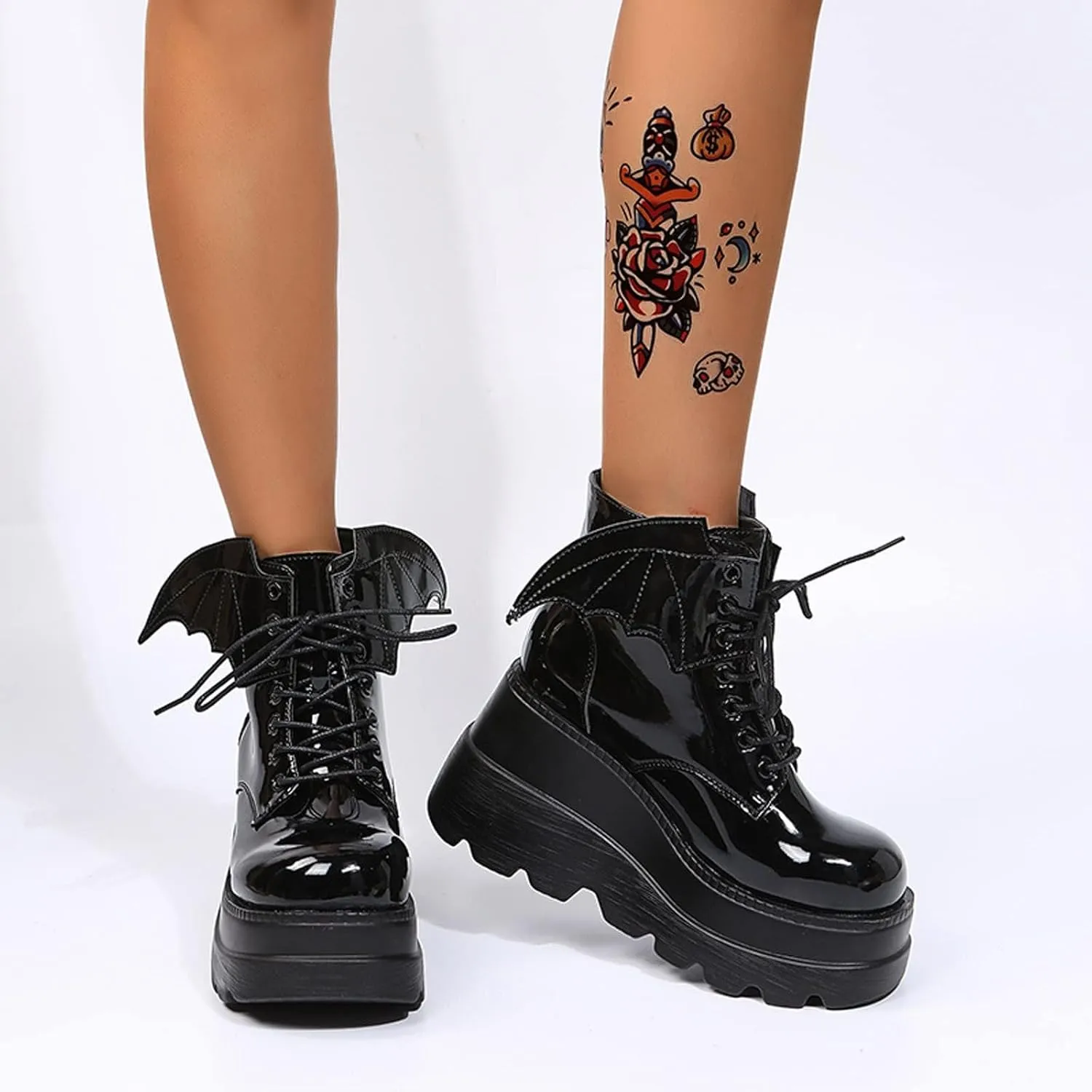 Women's Gothic Cute Platform Lace up Booties Black Lolita Punk Pumps Chunky High Round Toe Heel Boots Combat Boot