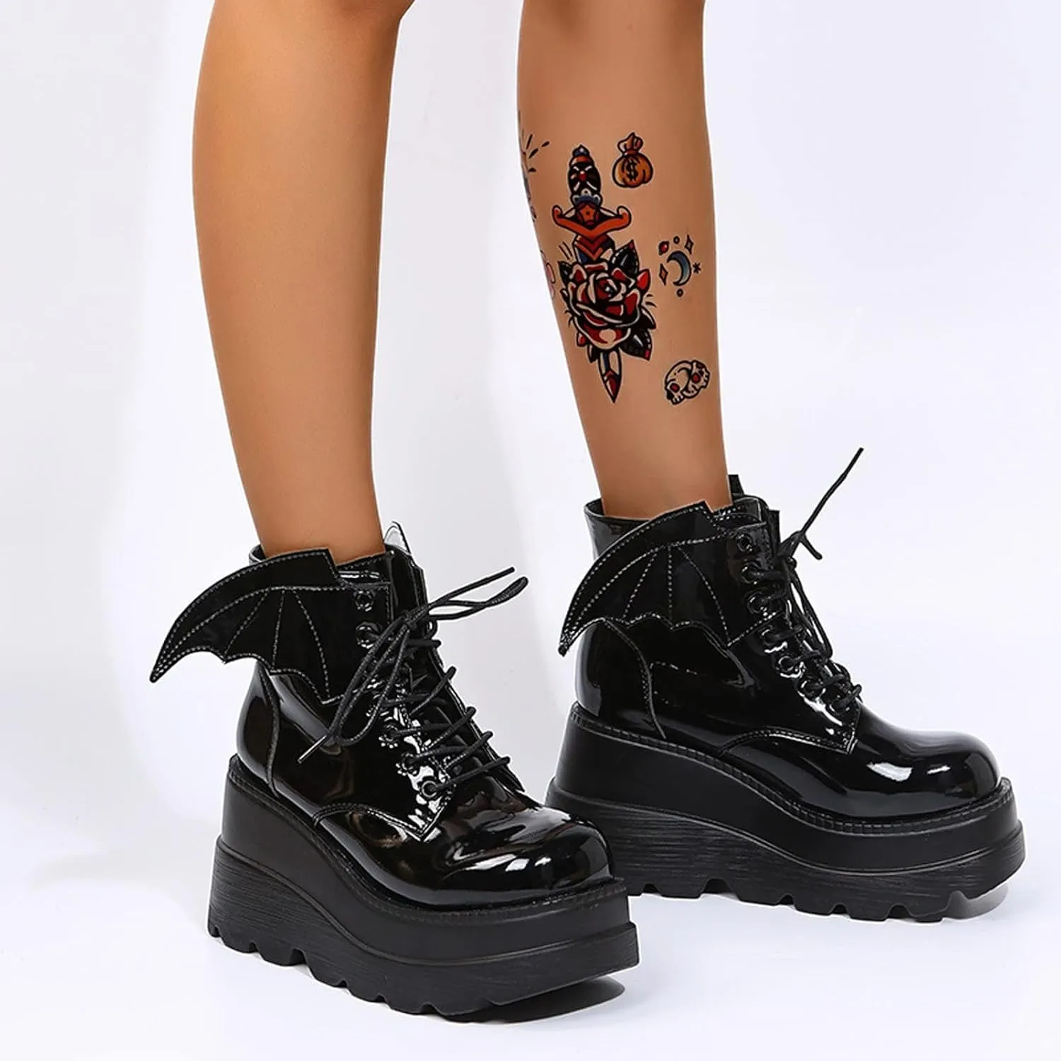Women's Gothic Cute Platform Lace up Booties Black Lolita Punk Pumps Chunky High Round Toe Heel Boots Combat Boot