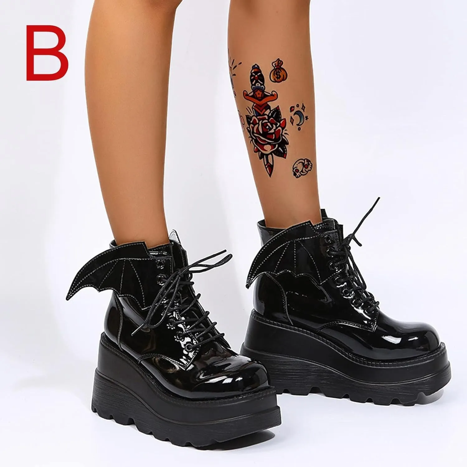 Women's Gothic Cute Platform Lace up Booties Black Lolita Punk Pumps Chunky High Round Toe Heel Boots Combat Boot