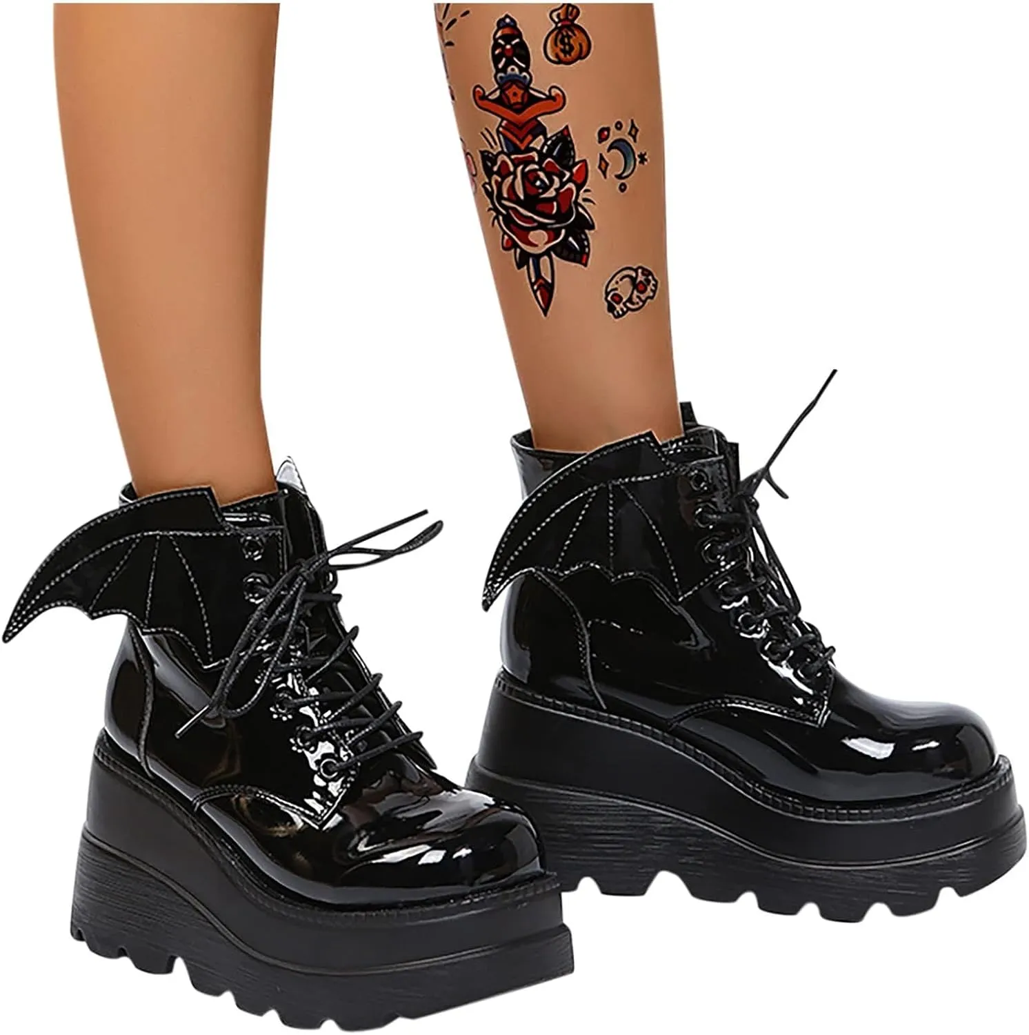 Women's Gothic Cute Platform Lace up Booties Black Lolita Punk Pumps Chunky High Round Toe Heel Boots Combat Boot