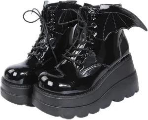 Women's Gothic Cute Platform Lace up Booties Black Lolita Punk Pumps Chunky High Round Toe Heel Boots Combat Boot