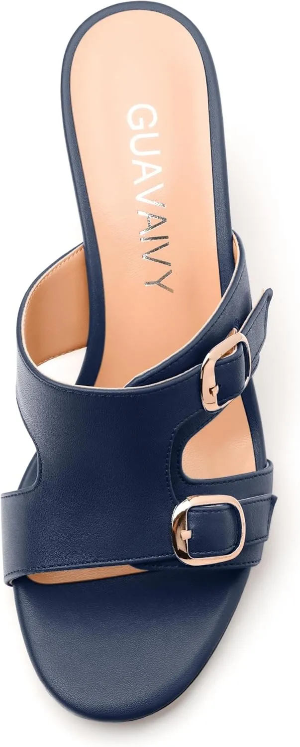 Women's Heeled Sandals, Round Open Toe Mid Chunky Heel, Buckle Fashion Slide Sandal for Wedding Party Daily Dressy