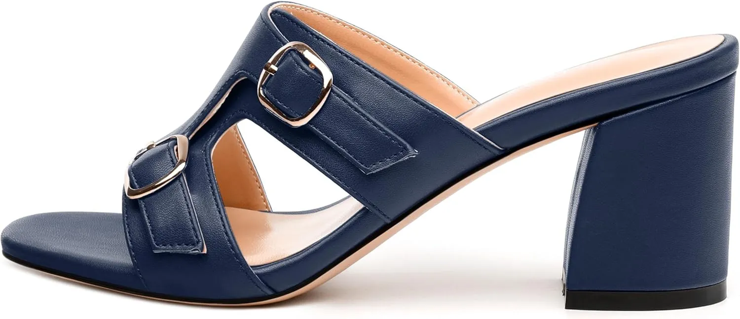 Women's Heeled Sandals, Round Open Toe Mid Chunky Heel, Buckle Fashion Slide Sandal for Wedding Party Daily Dressy