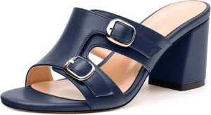 Women's Heeled Sandals, Round Open Toe Mid Chunky Heel, Buckle Fashion Slide Sandal for Wedding Party Daily Dressy