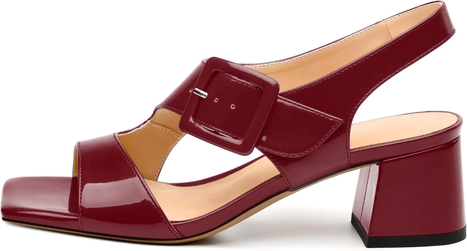 Womens Heeled Sandals Shoes, Square Peep Toe Mid Block Heel Ankle Strap Sandals for Women, Leather Insole Chunky Heel Sandals with Buckle 2"