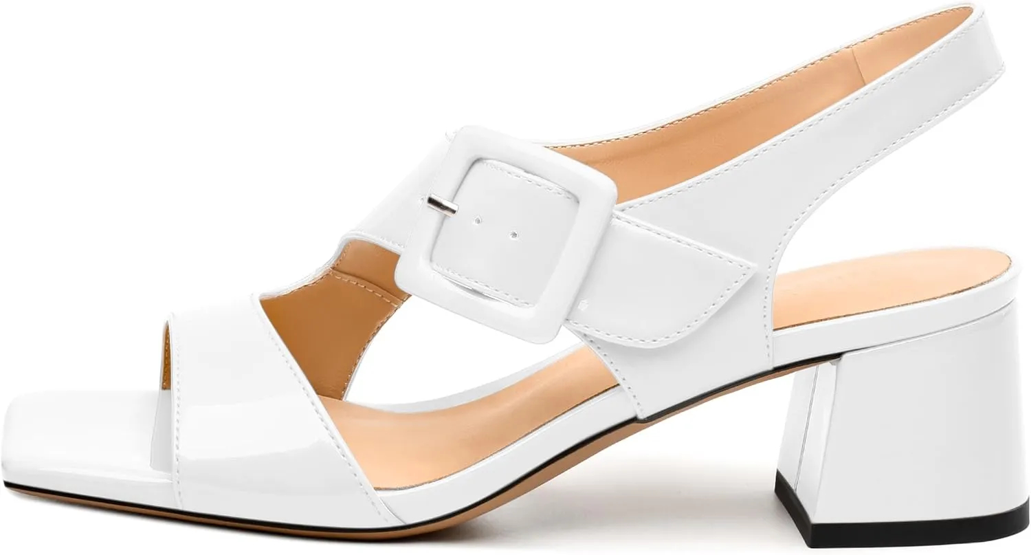 Womens Heeled Sandals Shoes, Square Peep Toe Mid Block Heel Ankle Strap Sandals for Women, Leather Insole Chunky Heel Sandals with Buckle 2"