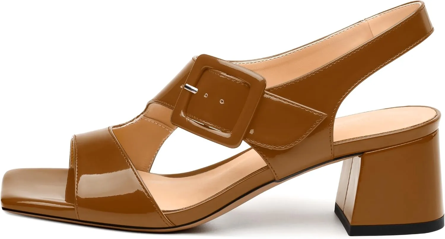 Womens Heeled Sandals Shoes, Square Peep Toe Mid Block Heel Ankle Strap Sandals for Women, Leather Insole Chunky Heel Sandals with Buckle 2"