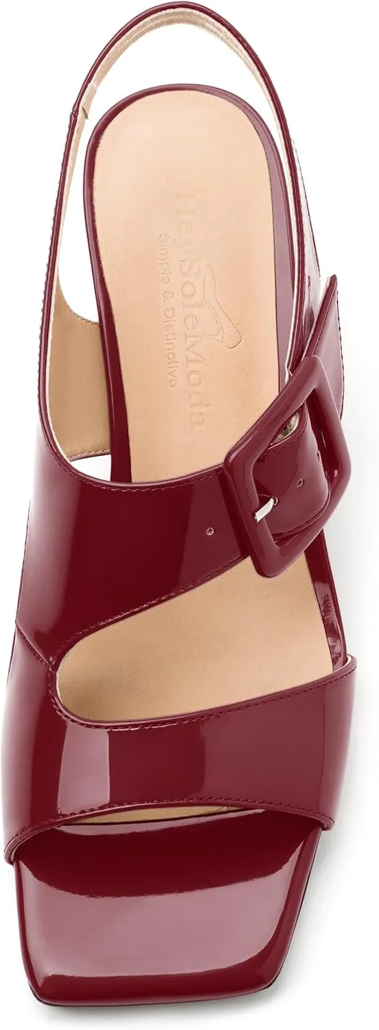 Womens Heeled Sandals Shoes, Square Peep Toe Mid Block Heel Ankle Strap Sandals for Women, Leather Insole Chunky Heel Sandals with Buckle 2"