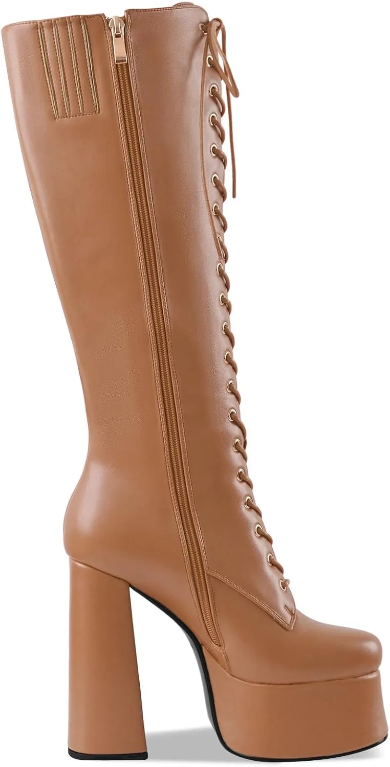 Women's High Chunky Heel Platform Knee High Boots Fashion Leather Lace Up Heeled Long Boots Wide Calf