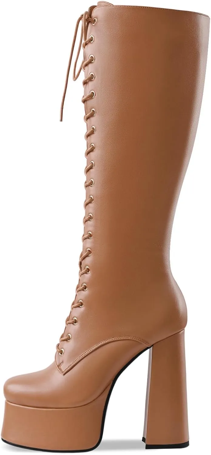 Women's High Chunky Heel Platform Knee High Boots Fashion Leather Lace Up Heeled Long Boots Wide Calf