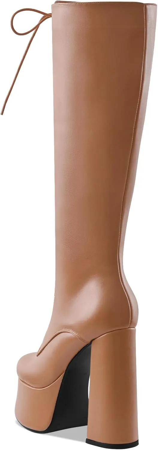 Women's High Chunky Heel Platform Knee High Boots Fashion Leather Lace Up Heeled Long Boots Wide Calf