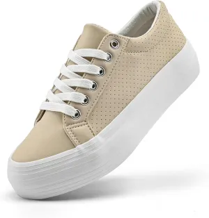 Women's High Platform Fashion Sneakers, White, Breathable, Lace Up, Tennis Shoes, Comfortable, Casual