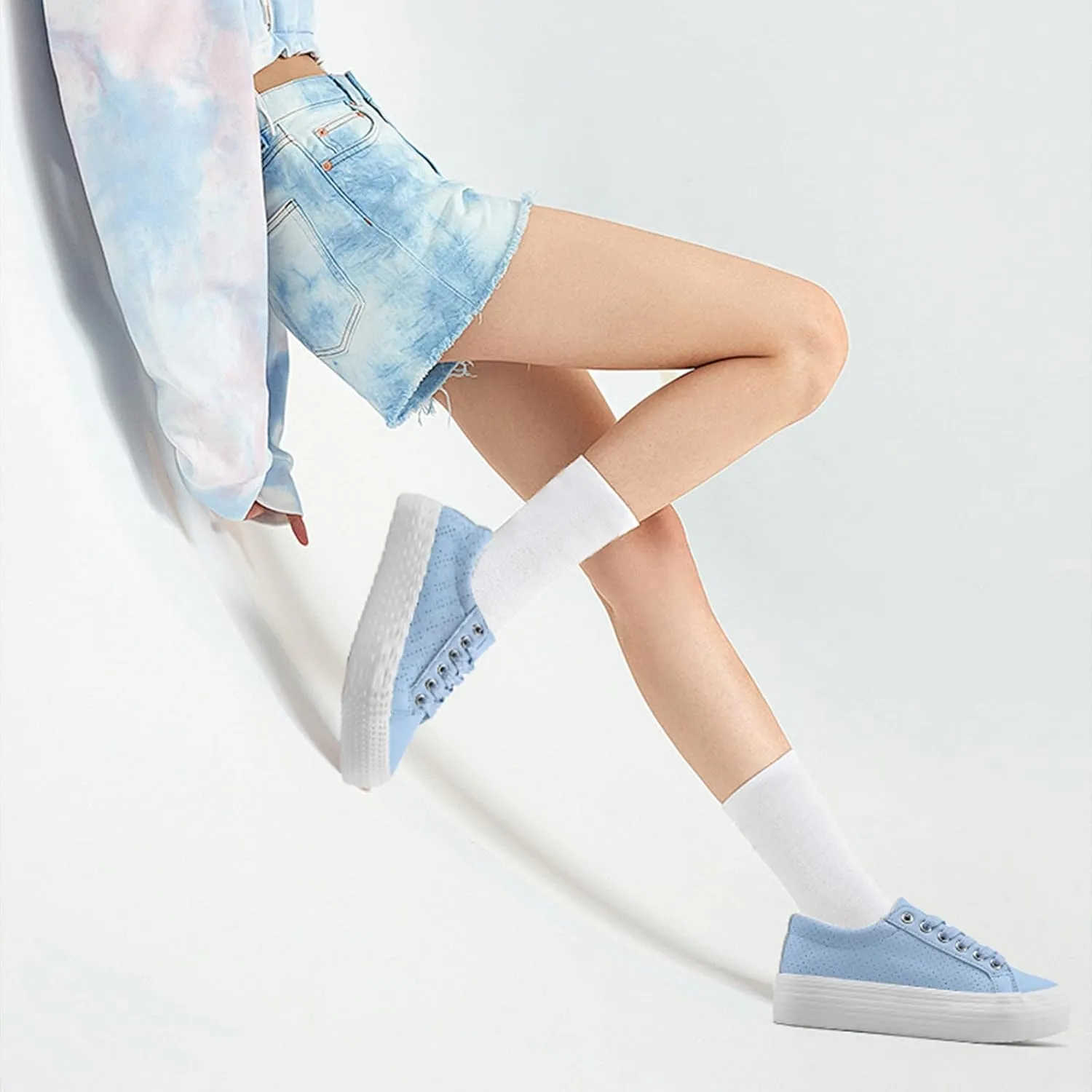 Women's High Platform Fashion Sneakers, White, Breathable, Lace Up, Tennis Shoes, Comfortable, Casual