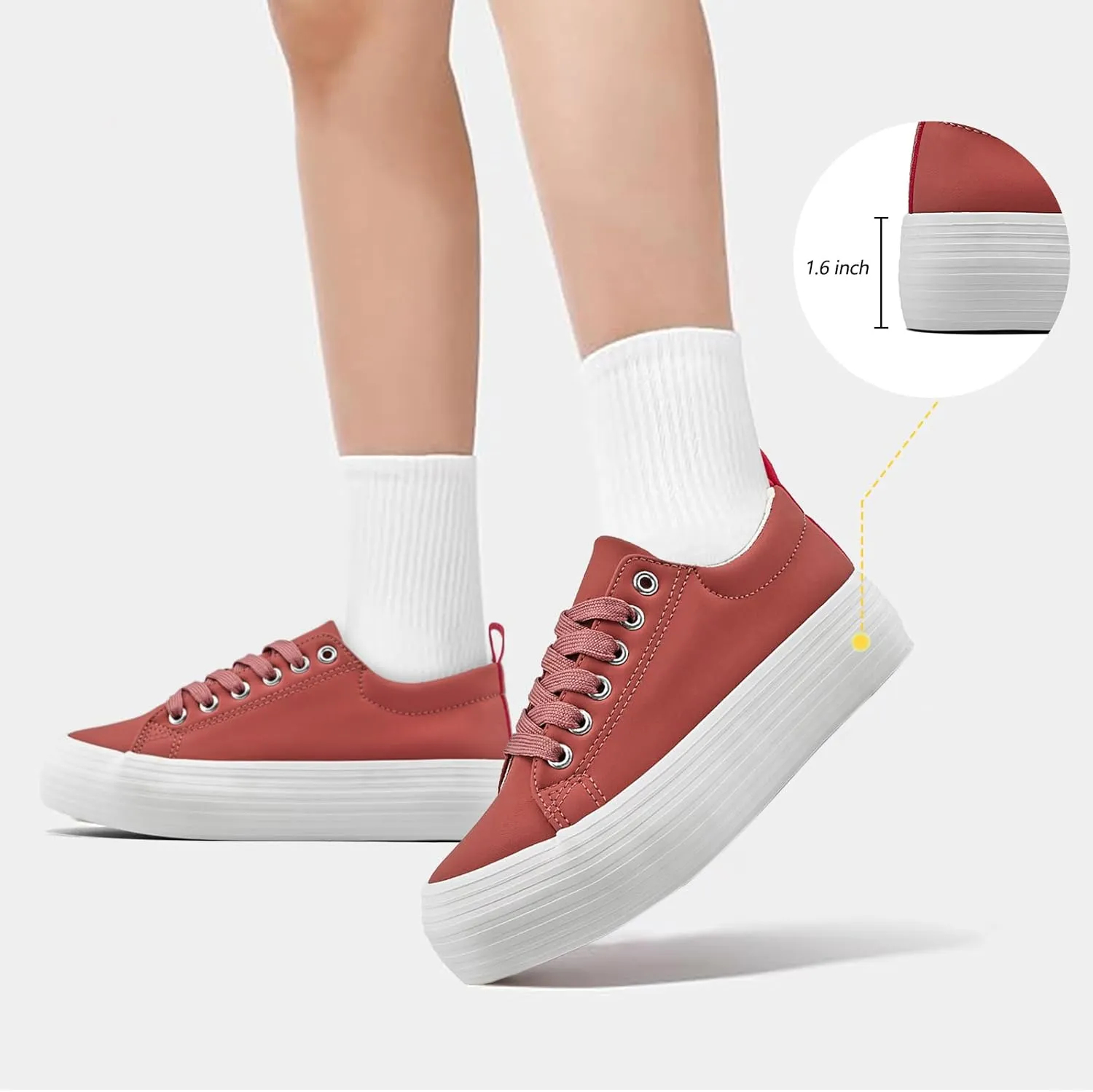 Women's High Platform Fashion Sneakers, White, Breathable, Lace Up, Tennis Shoes, Comfortable, Casual