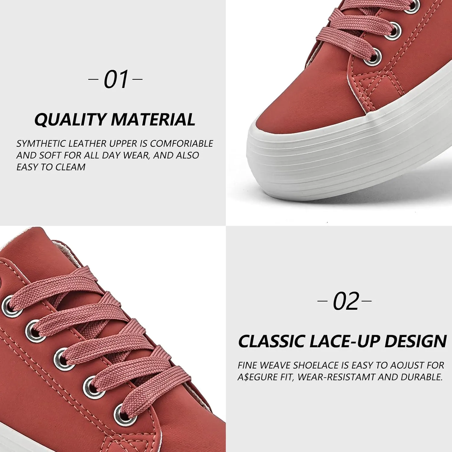 Women's High Platform Fashion Sneakers, White, Breathable, Lace Up, Tennis Shoes, Comfortable, Casual