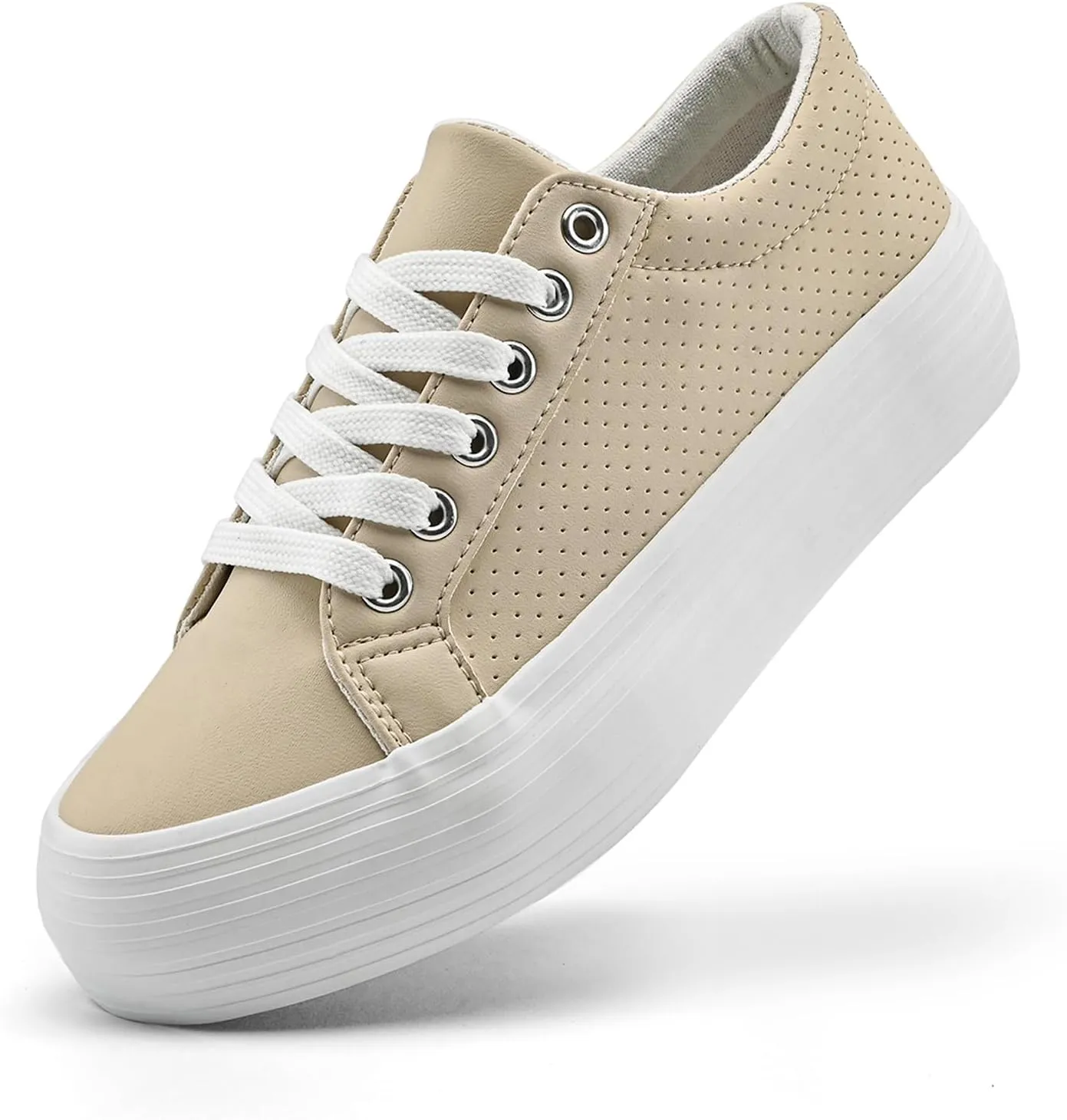 Women's High Platform Fashion Sneakers, White, Breathable, Lace Up, Tennis Shoes, Comfortable, Casual