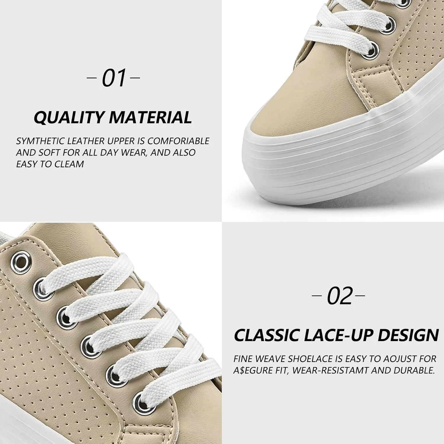 Women's High Platform Fashion Sneakers, White, Breathable, Lace Up, Tennis Shoes, Comfortable, Casual
