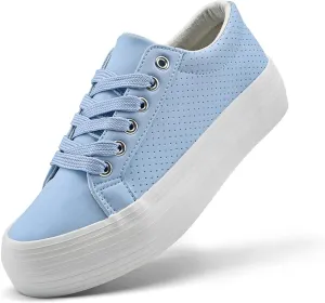 Women's High Platform Fashion Sneakers, White, Breathable, Lace Up, Tennis Shoes, Comfortable, Casual