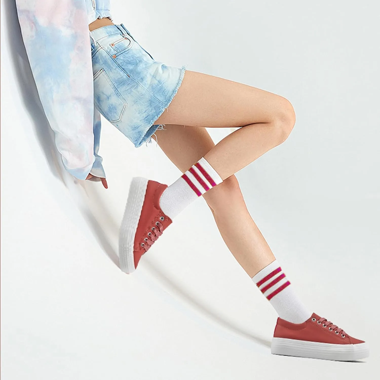 Women's High Platform Fashion Sneakers, White, Breathable, Lace Up, Tennis Shoes, Comfortable, Casual