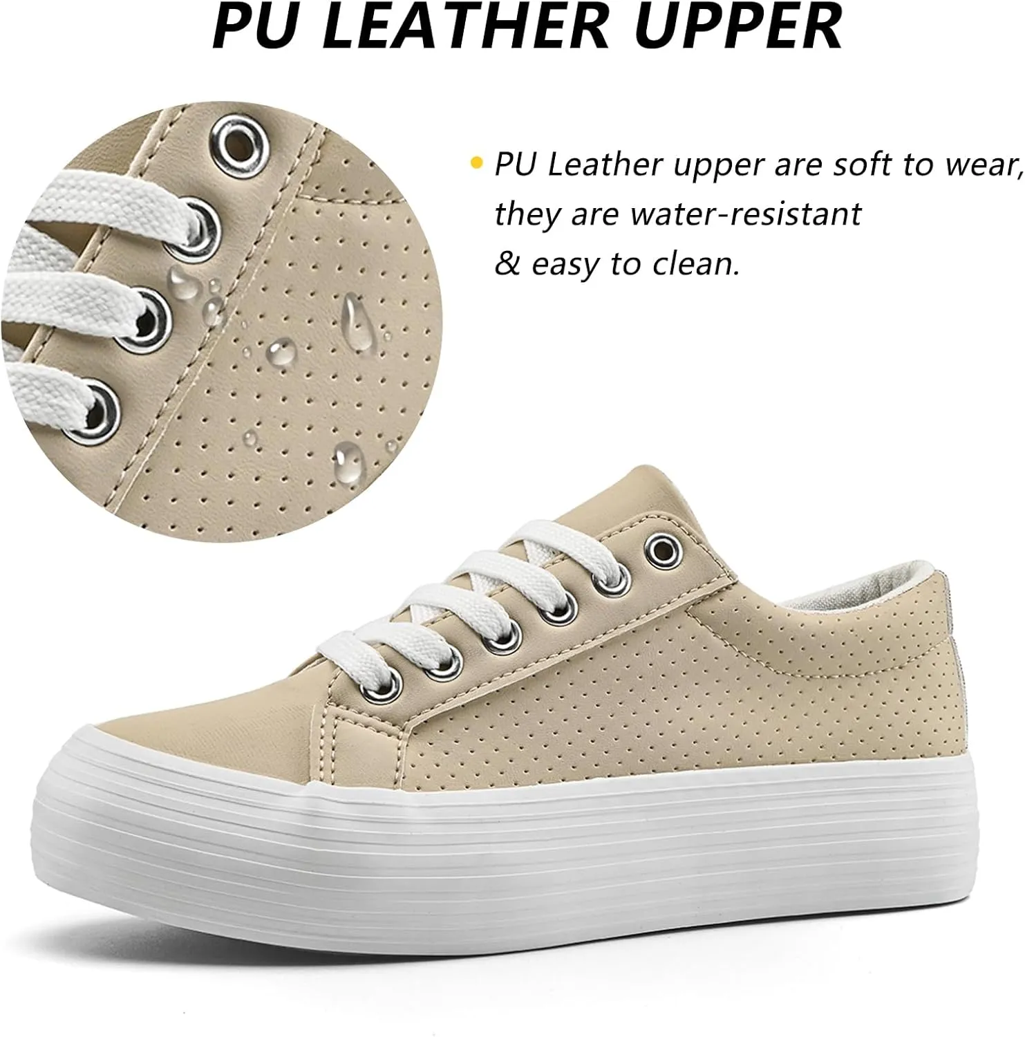 Women's High Platform Fashion Sneakers, White, Breathable, Lace Up, Tennis Shoes, Comfortable, Casual