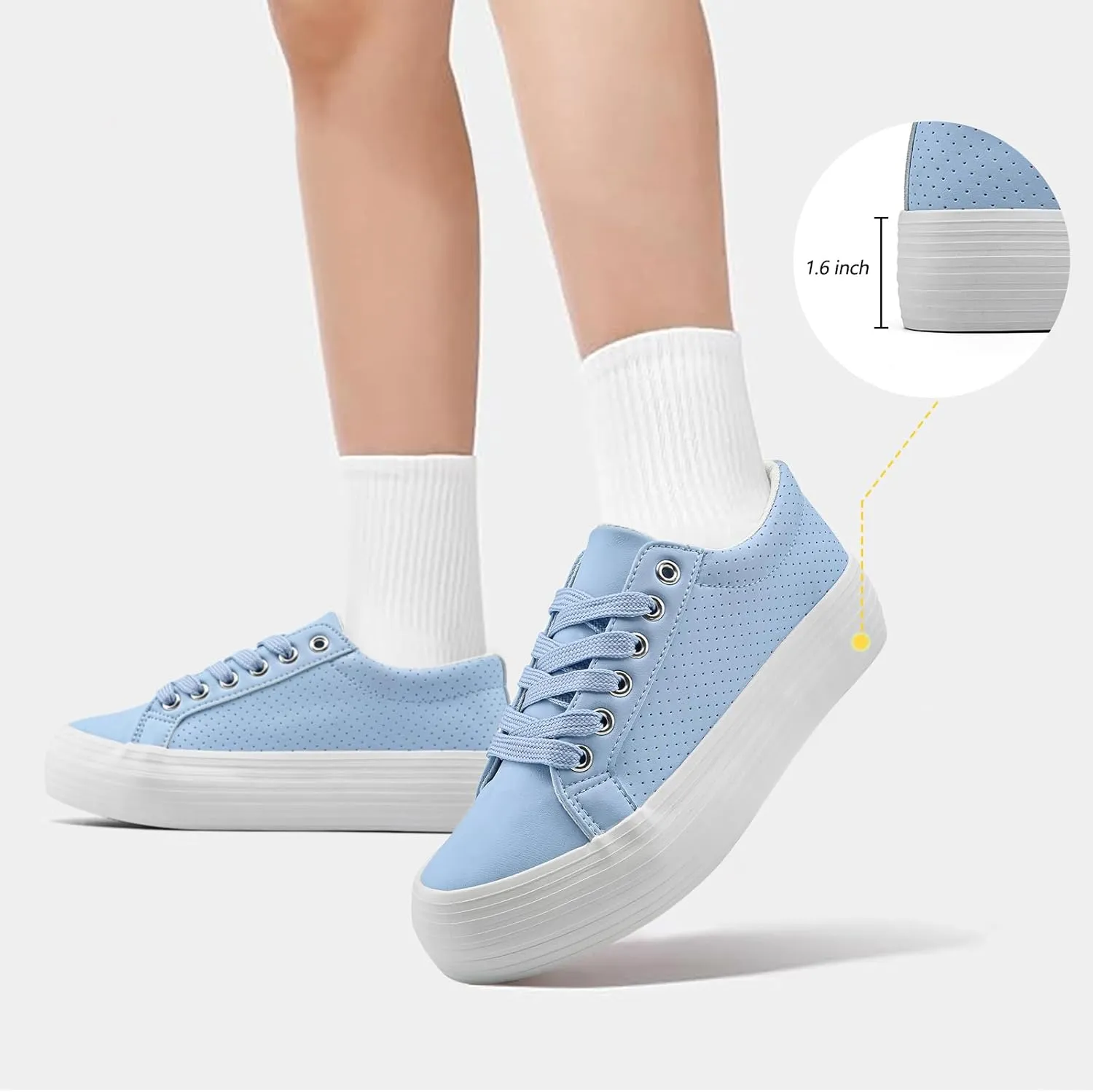 Women's High Platform Fashion Sneakers, White, Breathable, Lace Up, Tennis Shoes, Comfortable, Casual