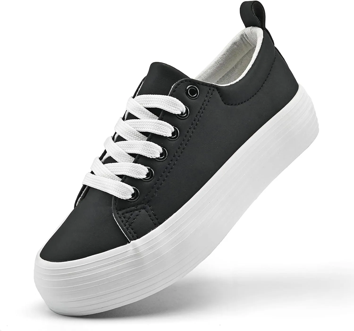 Women's High Platform Fashion Sneakers, White, Breathable, Lace Up, Tennis Shoes, Comfortable, Casual