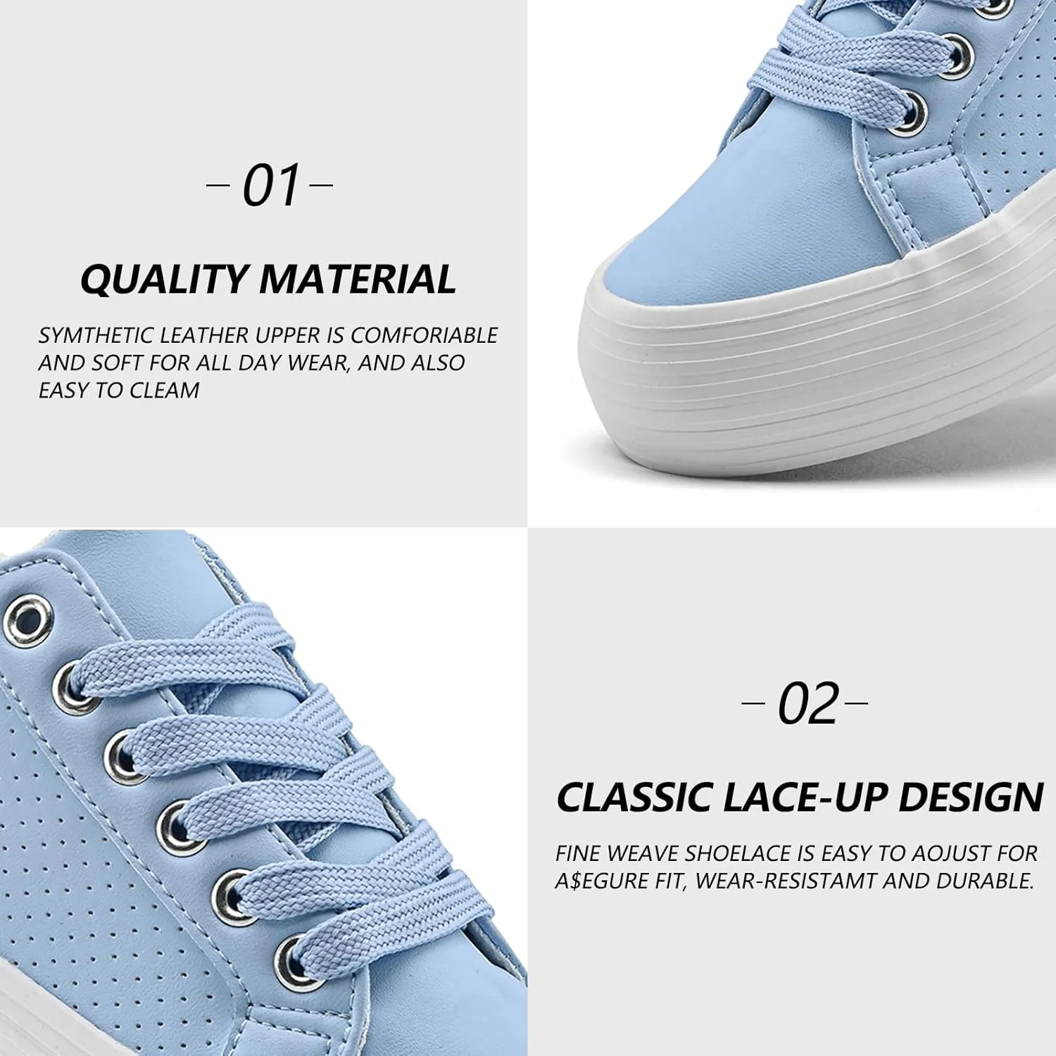 Women's High Platform Fashion Sneakers, White, Breathable, Lace Up, Tennis Shoes, Comfortable, Casual