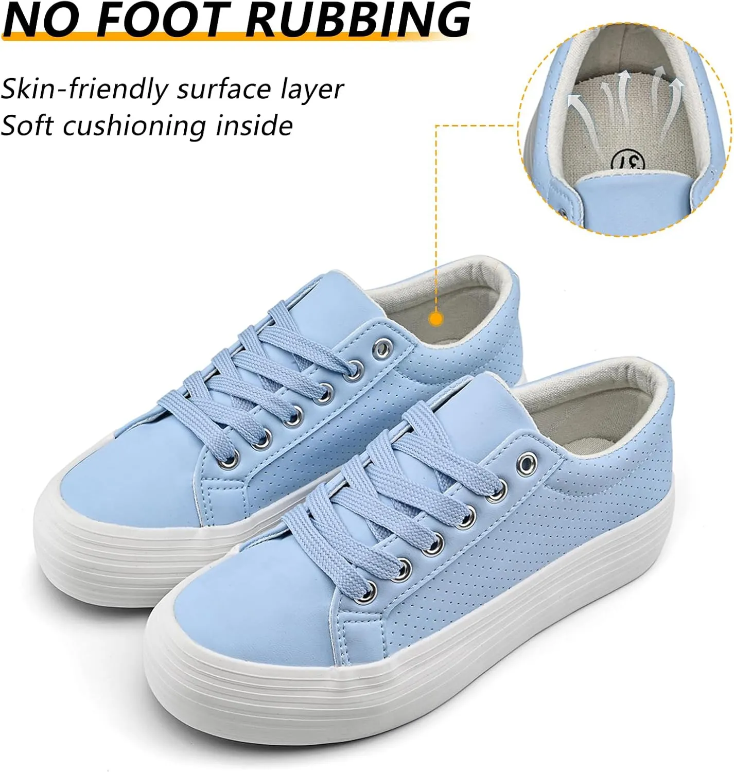 Women's High Platform Fashion Sneakers, White, Breathable, Lace Up, Tennis Shoes, Comfortable, Casual