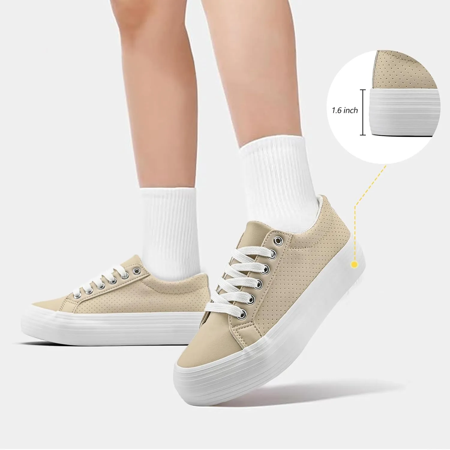 Women's High Platform Fashion Sneakers, White, Breathable, Lace Up, Tennis Shoes, Comfortable, Casual