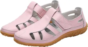 Women's Hollow Casual Shoes Leather Soft Bottom Sandals Comfortable Lightweight Non Slip Breathable Orthopedic Beach Shoes Closed Toe Summer Sneakers