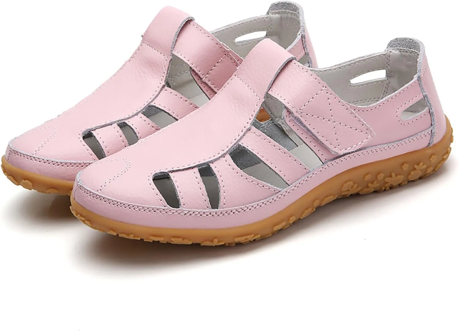 Women's Hollow Casual Shoes Leather Soft Bottom Sandals Comfortable Lightweight Non Slip Breathable Orthopedic Beach Shoes Closed Toe Summer Sneakers